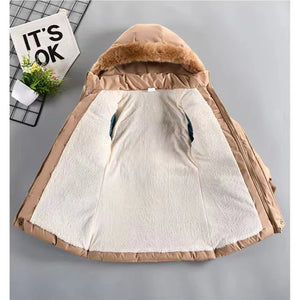 Brown hooded jacket with white lining on a gray background
