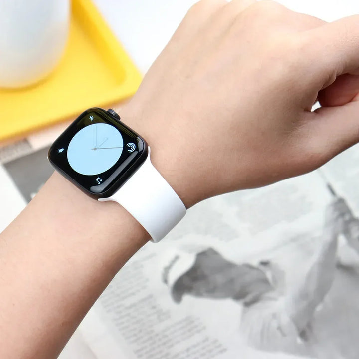 Silicone sport band for Apple Watch, compatible with Series 9/8/7/6/5/SE/Ultra, shown in vibrant colors.