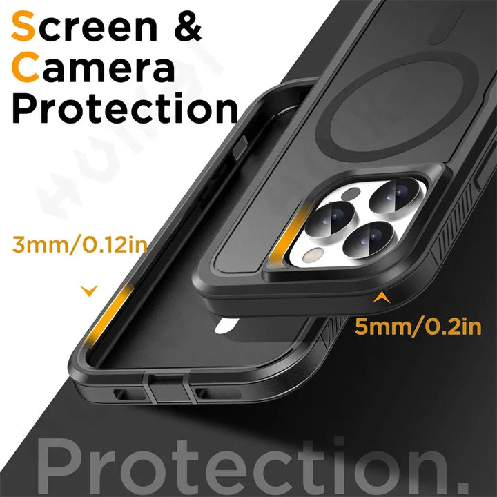 Heavy Duty Rugged Case for iPhone 16 15 14 13 12 – Shockproof Magnetic Armor Cover with Ring Stand & Slide Camera Protection