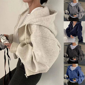 Collage of people wearing gray hoodies with different color options.