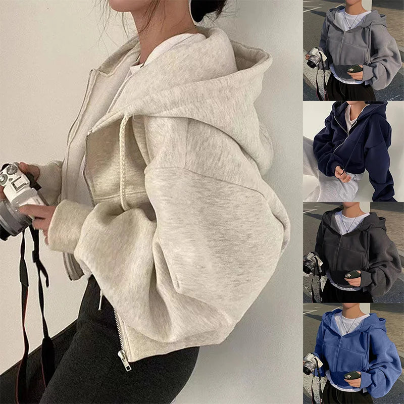 Collage of people wearing gray hoodies with different color options.