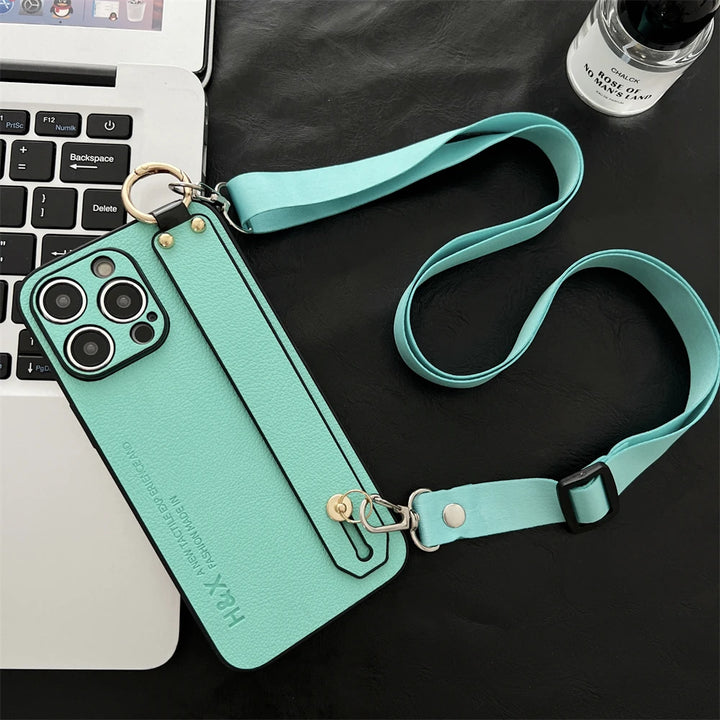 Luxury Litchi Leather Wrist Strap Crossbody Phone Case for iPhone 15 14 Pro Max in Retro Vintage Design