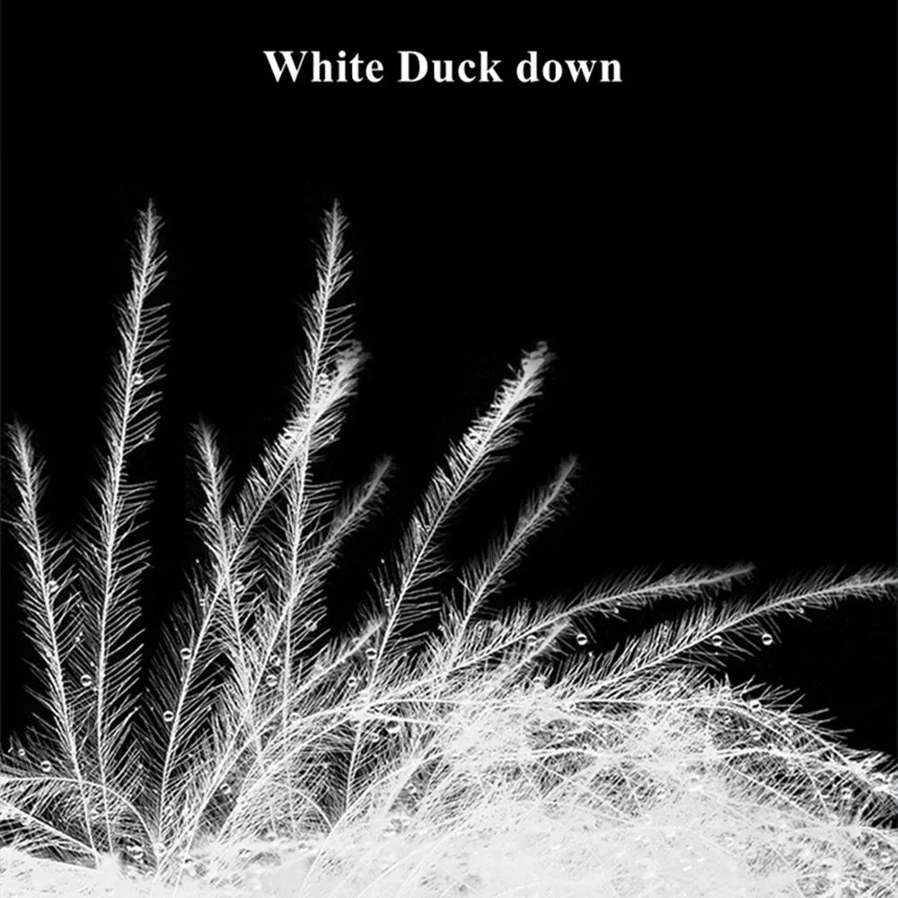 White feathers against a black background with 'White Duck down' text.