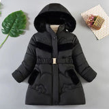 Black winter coat with fur trim on a light gray background