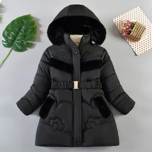Black winter coat with fur trim on a light gray background