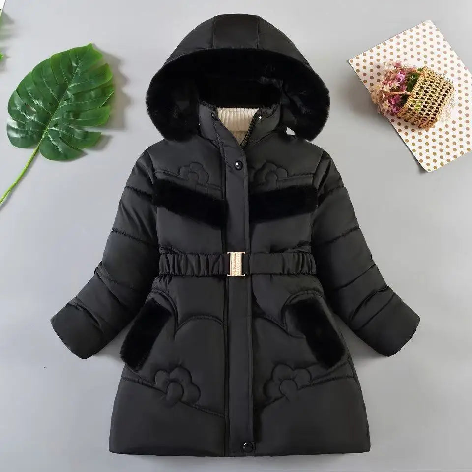 Black winter coat with fur trim on a light gray background