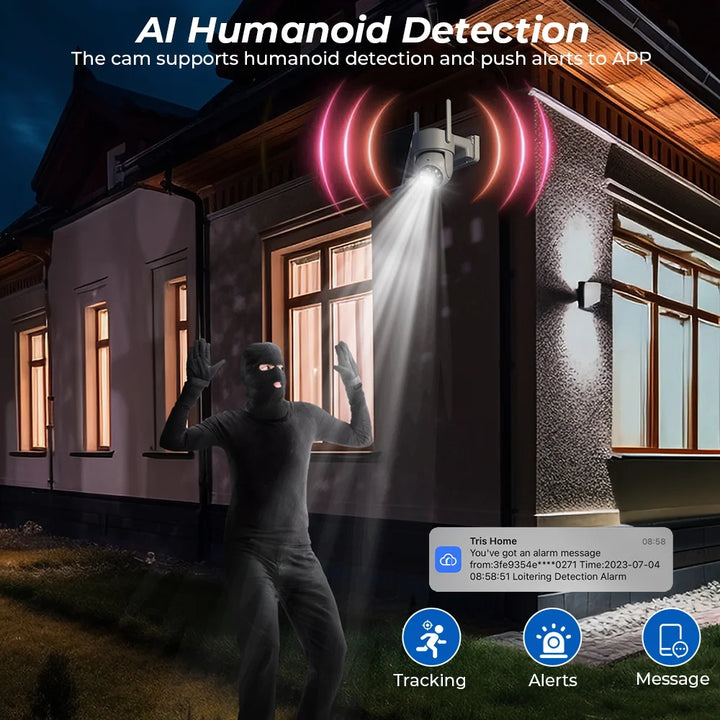 Security camera with AI humanoid detection feature in front of a house at night.