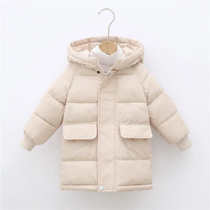 Beige puffer jacket on a hanger against a white background
