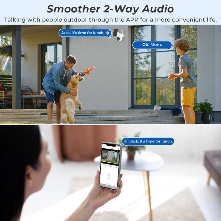 Two people interacting with a dog outdoors, with text indicating two-way audio communication through an app.
