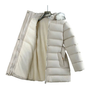 Beige puffer jacket with fur-lined hood on a white background