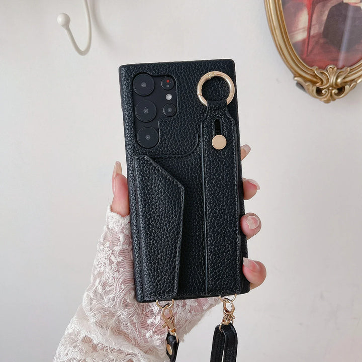 Leather Wallet Case with Wrist Strap, Crossbody Lanyard, and Card Holder for Samsung S23/S22/S21/A55/A54