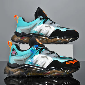 Colorful sneakers with black, blue, and orange accents on a reflective surface.