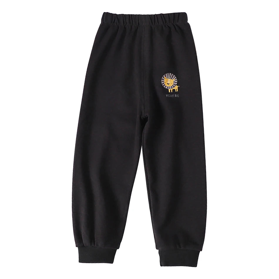 Black sweatpants with a yellow lion logo on a white background