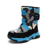 Camouflage-patterned snow boot with blue accents on a white background
