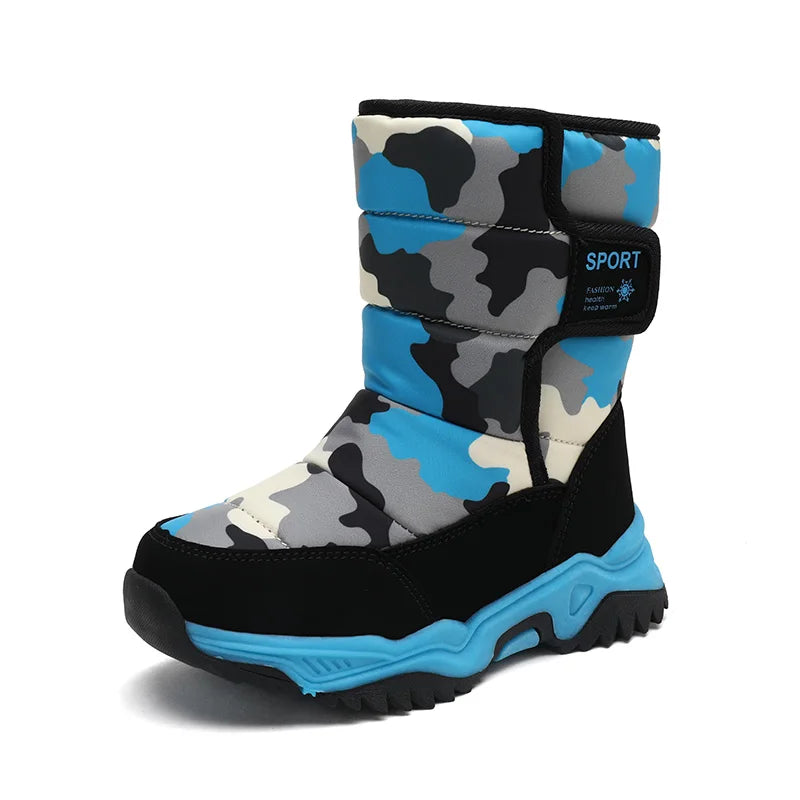Camouflage-patterned snow boot with blue accents on a white background