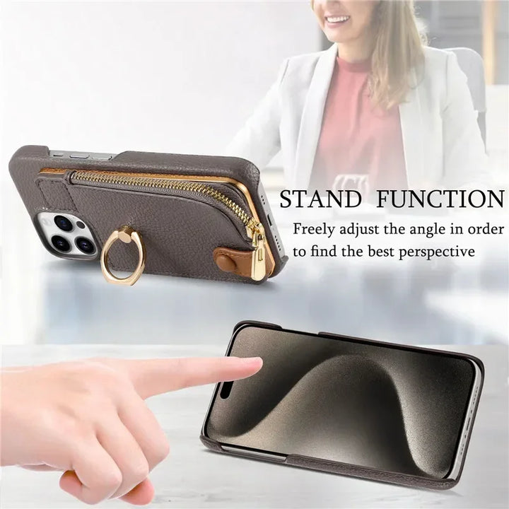 Luxury leather zipper wallet iPhone case with card holder and full protection, fits iPhone 11, 12, 13, 14, 15, and 16 Pro Max.