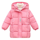 Pink puffer jacket with a hood on a white background