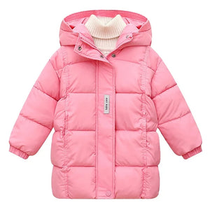 Pink puffer jacket with a hood on a white background