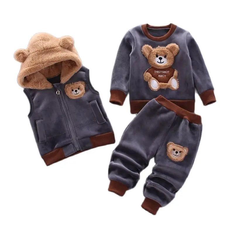 Children's clothing set with bear designs on a white background