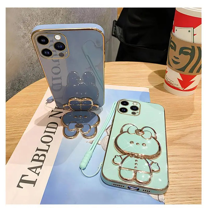 Mirror Rabbit Strap Plating Case for iPhone 14 13 12 11 Pro Max - Glossy, Anti-Scratch, Dustproof with Lanyard