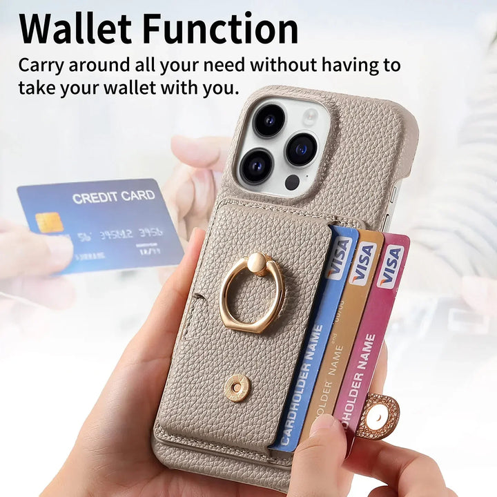 Luxury Leather Ring Wallet Case for iPhone 11/12/13/14/15/16 Pro Max with Ring Holder and Shockproof Design