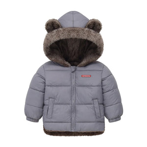Children's gray puffer jacket with bear ears and brown interior on a white background