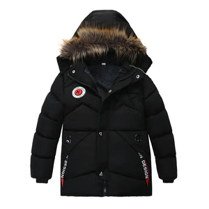Black winter jacket with fur-lined hood on a white background