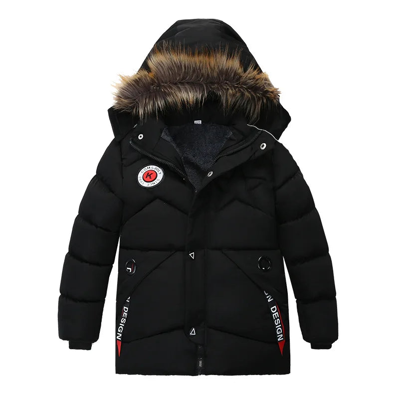 Black winter jacket with fur-lined hood on a white background