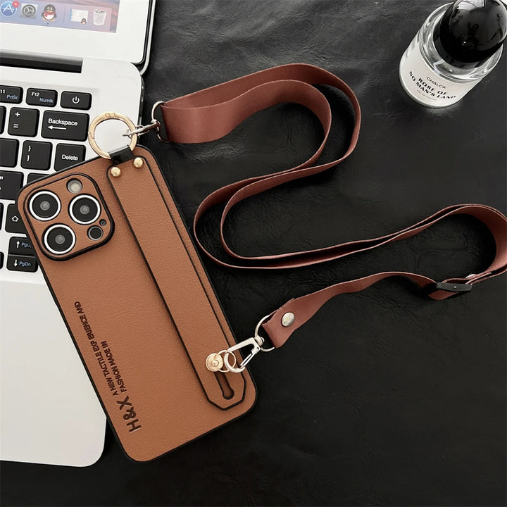 Luxury Litchi Leather Wrist Strap Crossbody Phone Case for iPhone 15 14 Pro Max in Retro Vintage Design