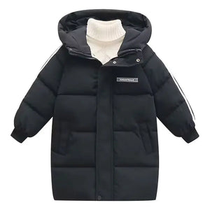Black puffer coat with white turtleneck on a white background