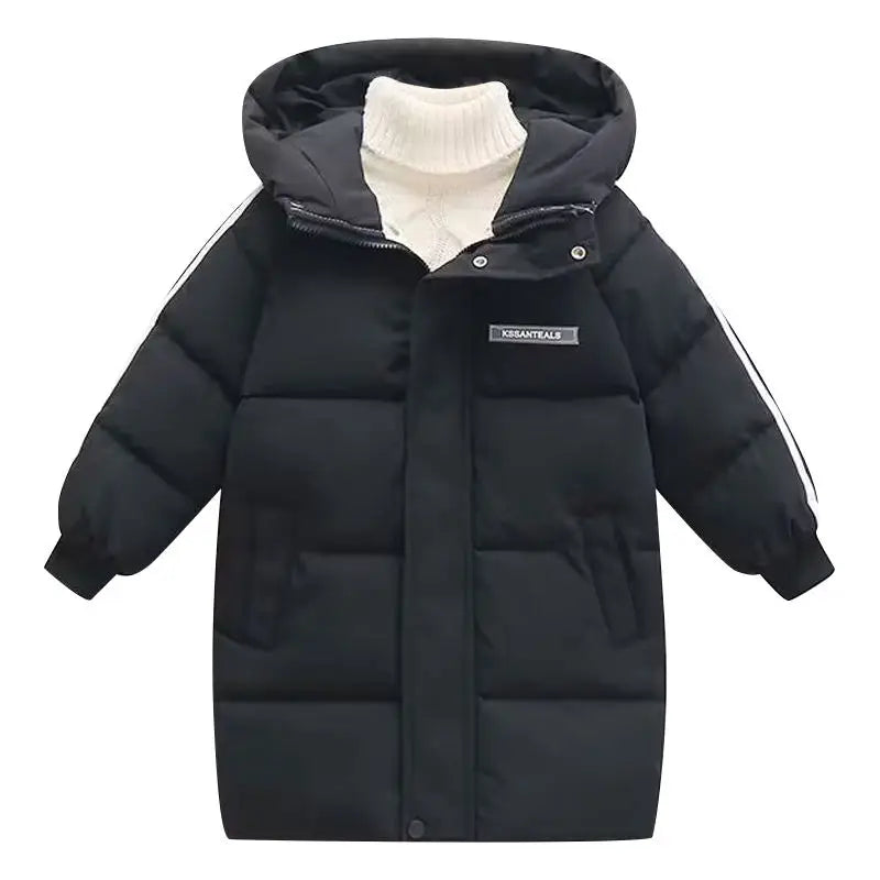 Black puffer coat with white turtleneck on a white background