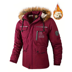 Red winter jacket with fur hood on a white background, featuring the brand.