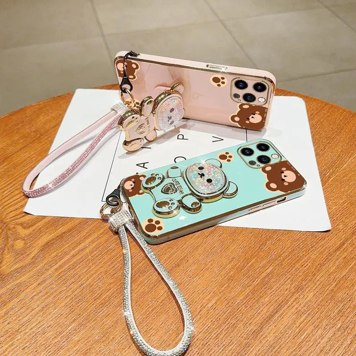 Diamond Wrist Strap Bear Case for iPhone 11 12 13 14 15 16 Stand Cover