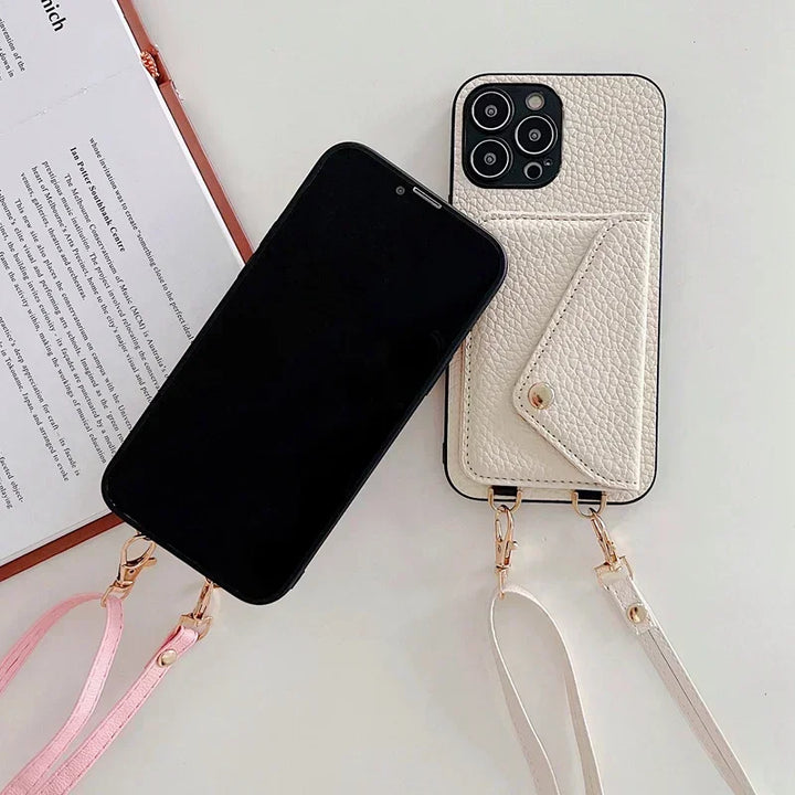 Crossbody leather phone case with wallet and card holder for iPhone 11-16 Pro Max, featuring an adjustable strap and plain design