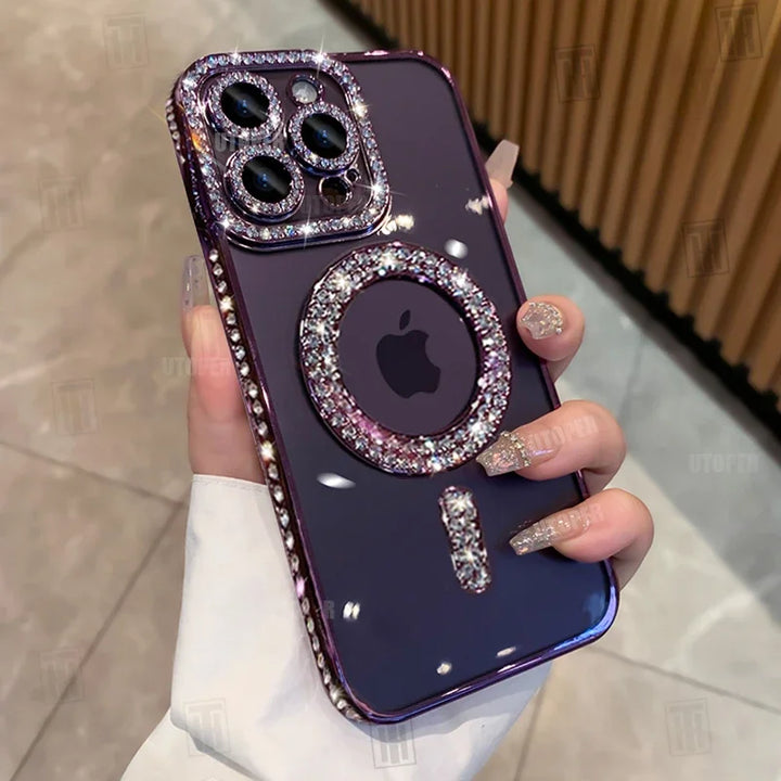 MagSafe Glitter Rhinestone Case for iPhone 16 15 14 13 12 11 Pro Max – Bling & Transparent Design with Wireless Charging