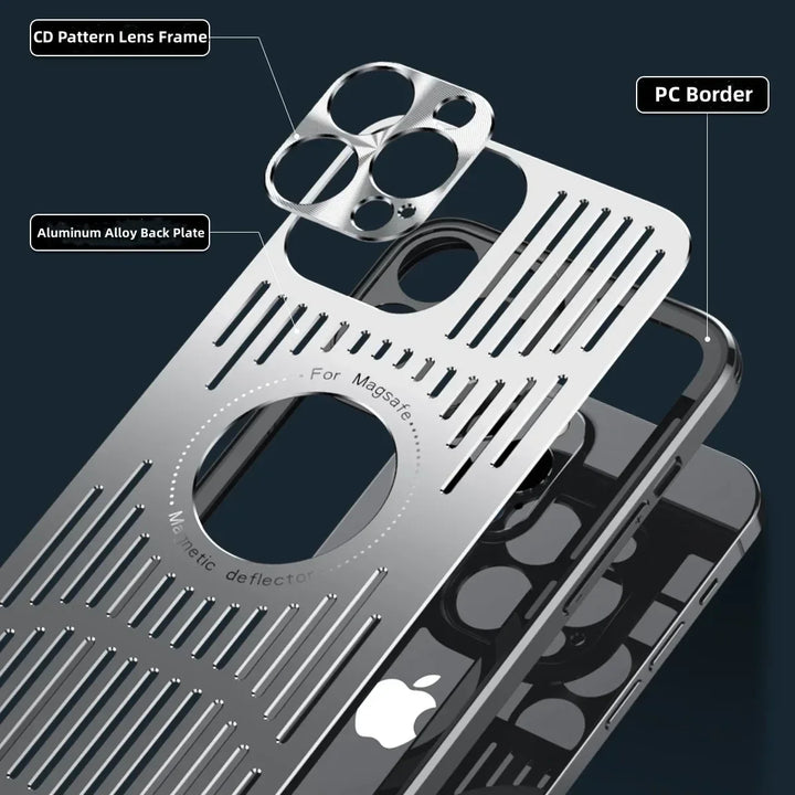Fashion Metal Heat Dissipation Magnetic MagSafe Case for iPhone 16/15/14/13/12 Pro Max with Logo Hole & Wireless Charging