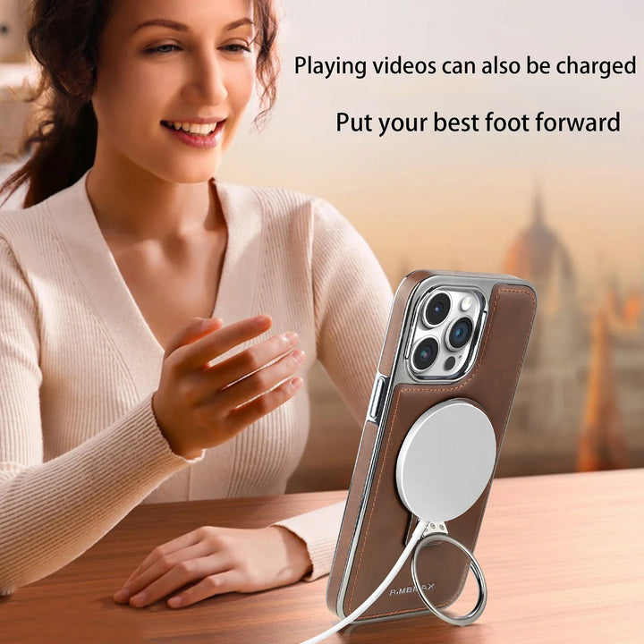 Luxury leather magnetic iPhone case with MagSafe and shockproof protection, fits iPhone 12, 13, 14, 15, and 16 Pro Max.