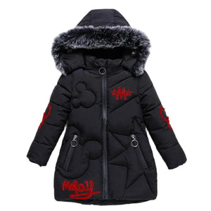 Black winter coat with red designs and fur-lined hood on a white background