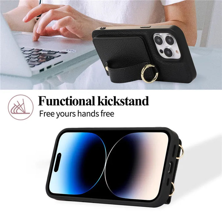 Luxury Leather Wallet Case with Lanyard, Ring Holder, and Flip Stand for iPhone 15/14/13/12/11