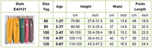 Table displaying size chart for children's pants with color examples.