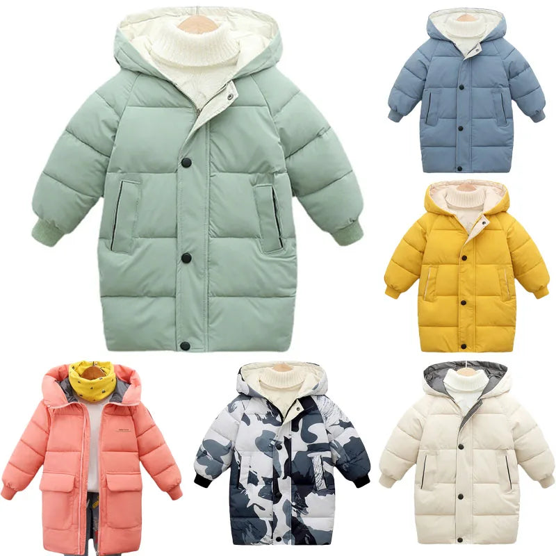 Collection of colorful children's winter jackets on a white background