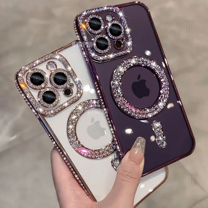 MagSafe Glitter Rhinestone Case for iPhone 16 15 14 13 12 11 Pro Max – Bling & Transparent Design with Wireless Charging