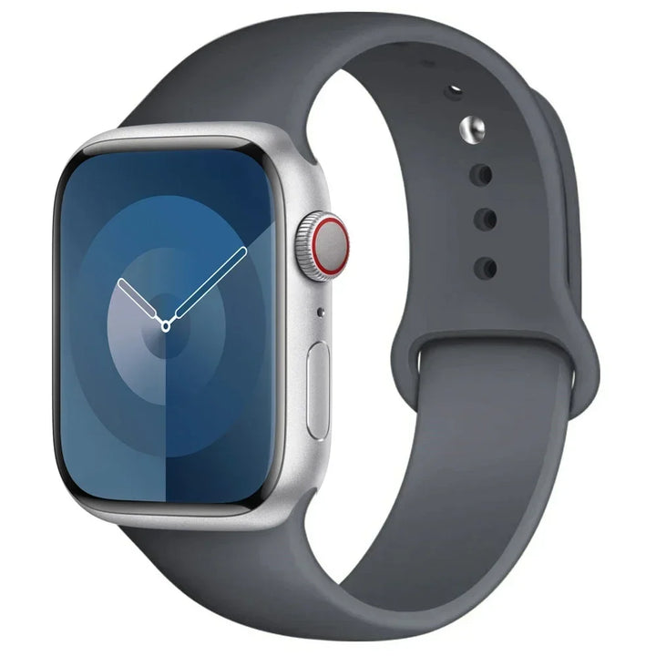 Silicone sport band for Apple Watch, compatible with Series 9/8/7/6/5/SE/Ultra, shown in vibrant colors.