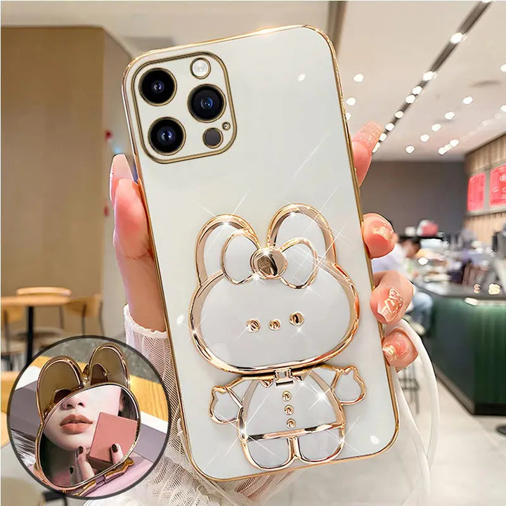 Mirror Rabbit Strap Plating Case for iPhone 14 13 12 11 Pro Max - Glossy, Anti-Scratch, Dustproof with Lanyard