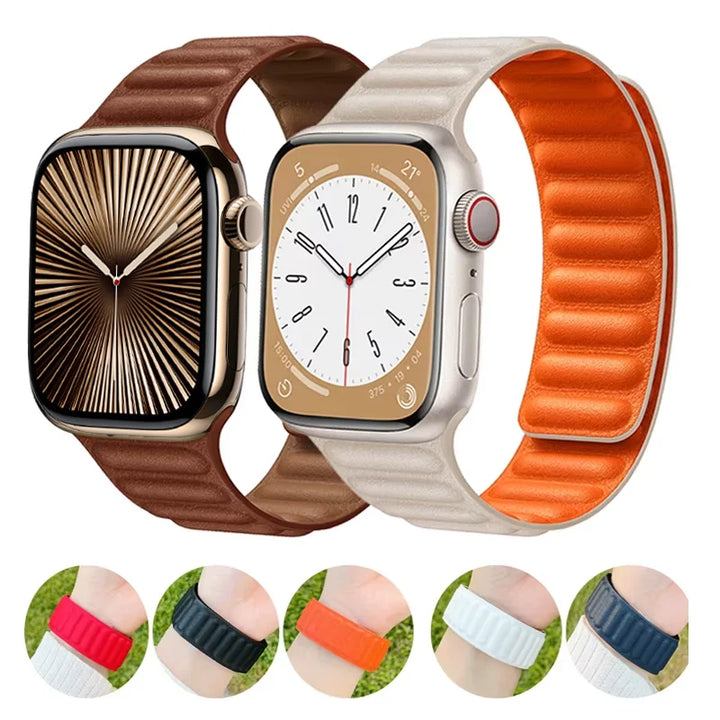 Stylish genuine leather Apple Watch band with magnetic loop closure, available in multiple colors.