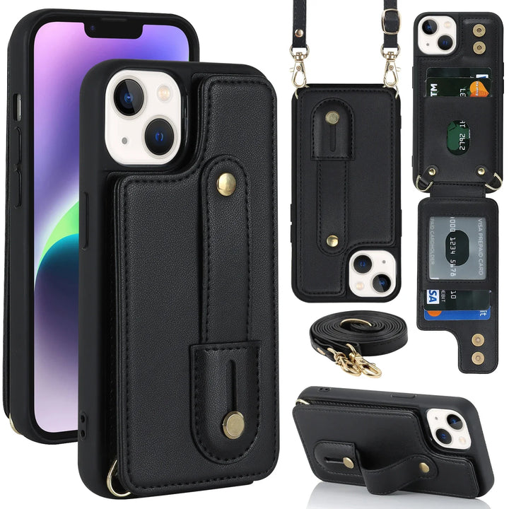 Crossbody Leather Wallet Case for iPhone 16/15/14/13/12/11 with Card Slot, Wristband & Lanyard