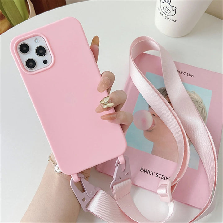 Crossbody Necklace Strap Lanyard Matte Silicone Case For iPhone 16 15 14 Pro Max 11 12 13 XR X XS 6 7 8 Plus SE Shockproof Cover