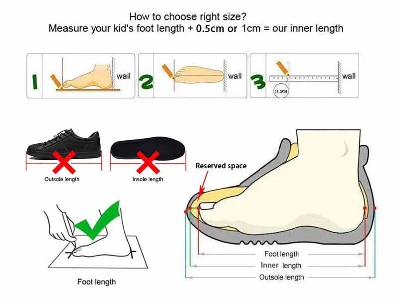 Instructions on how to measure and choose the right size of shoes for children.