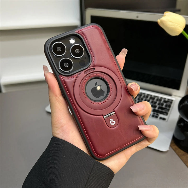 Luxury Magnetic Stand Ring PU Leather Case for iPhone 16/15/14 Plus, 13/12 Pro Max, Magsafe Compatible with Ring Holder and Shockproof Design