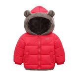 Red children's puffer jacket with bear ears on a white background